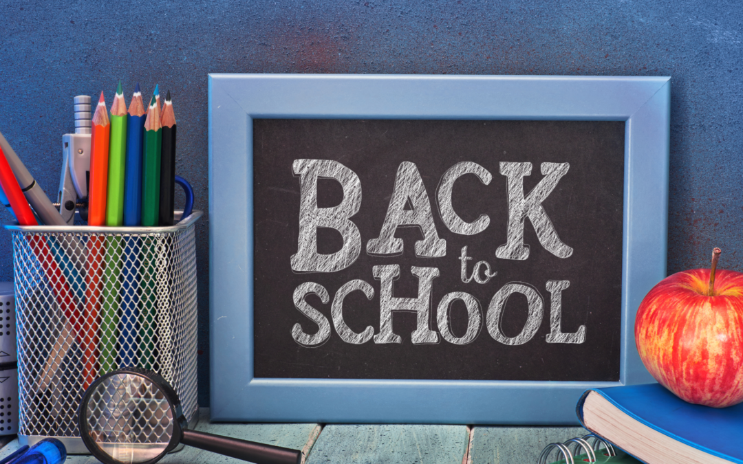 back to school written on chalk board on a desk