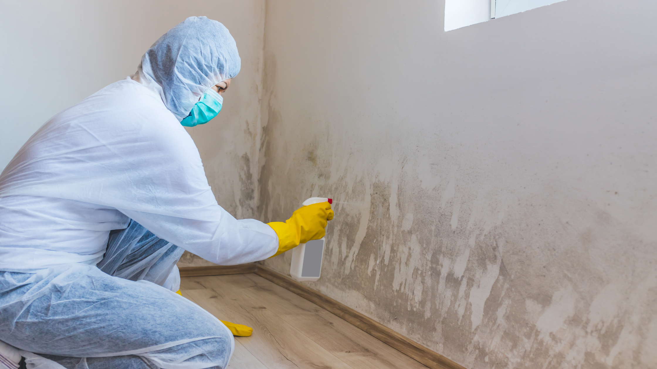 person in protective gear spraying moldy wall