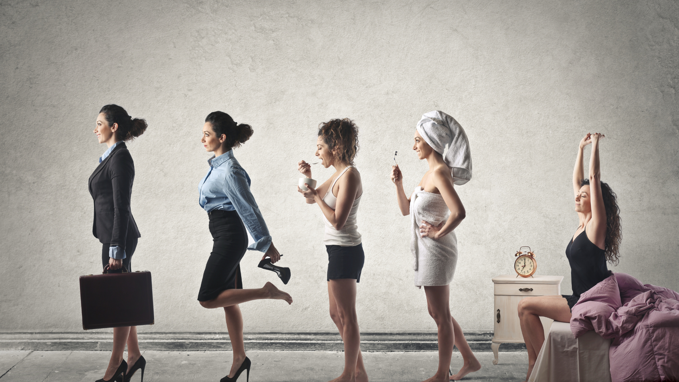 iterations of a woman waking up and getting ready for work